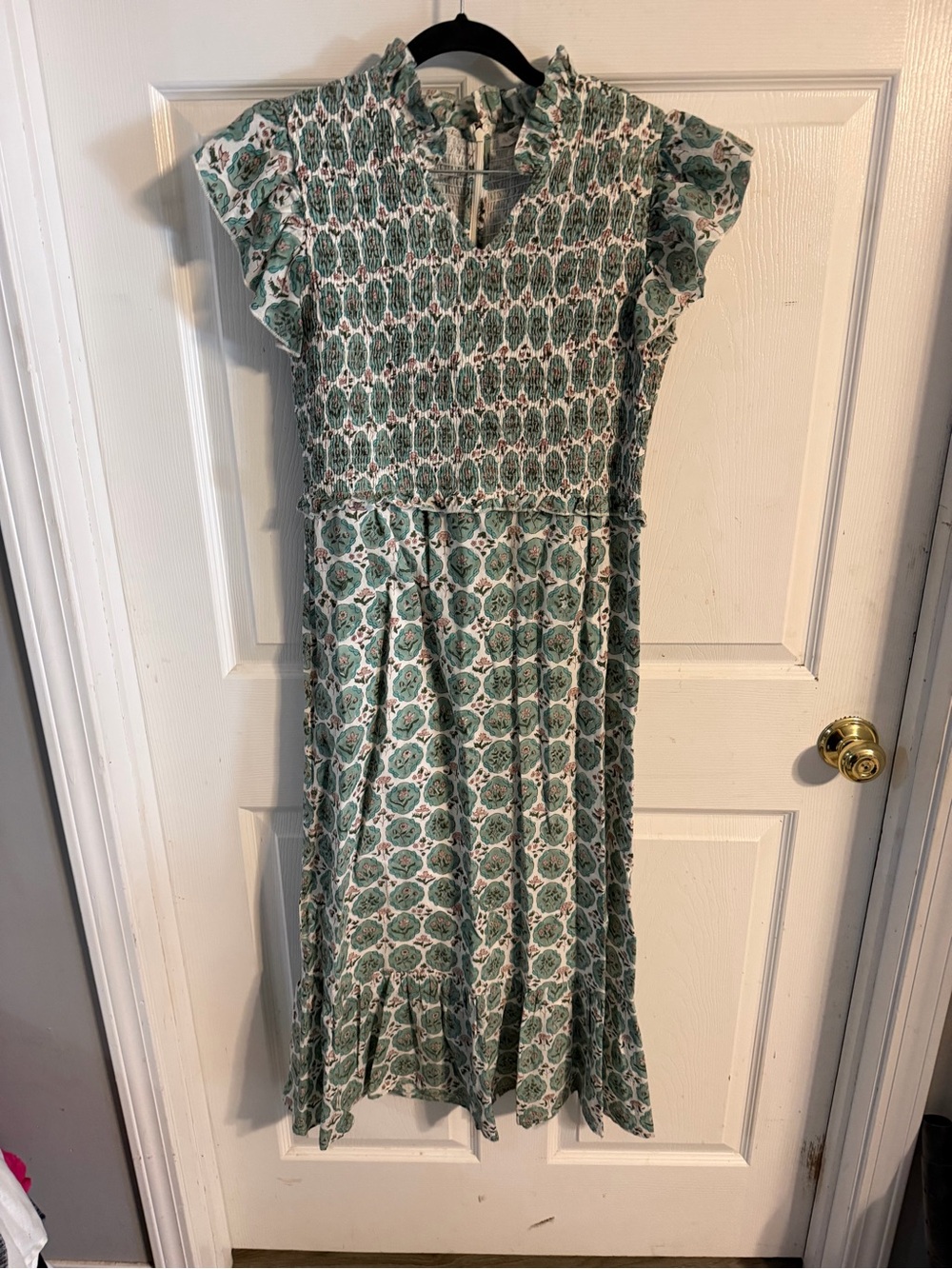 Women's Sage Green Patterned Midi Dress with Smocked Bodice